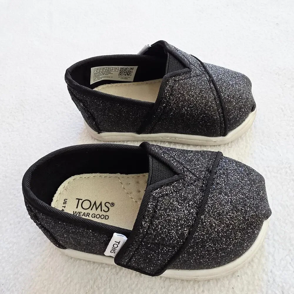 Toms Black Glitter Slip-On Baby & Walker Shoes